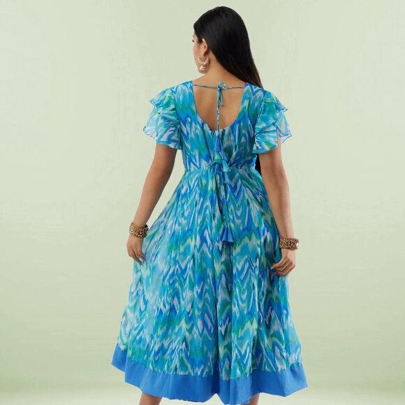 Blue Printed Chiffon Knee-Length Dress | Muvvas Boutique - Picture 6 of 6
